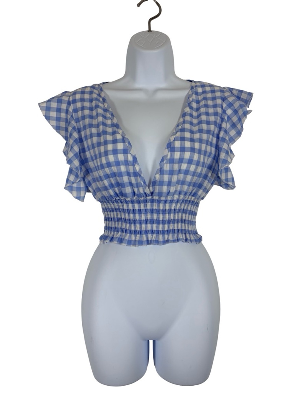 Papaya Blue Gingham Crop Top Small Ruffle Sleeve Smocked Waist Cottagecore